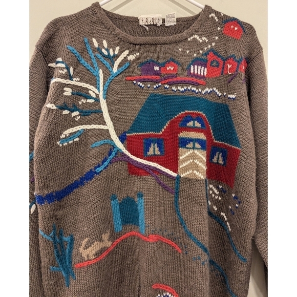 Vintage Country Suburbans Knit Cozy House Farm Sweater Size Large - Picture 2 of 7